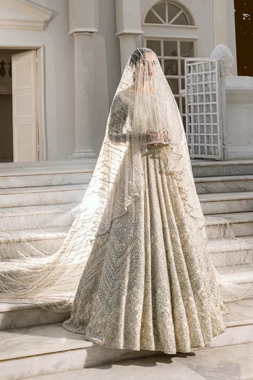Pakistani wedding dress Pearl white long tail gown