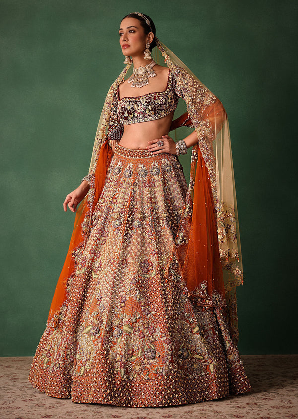 Rust Hand Work Lehenga With Velvet Blouse And Dupatta